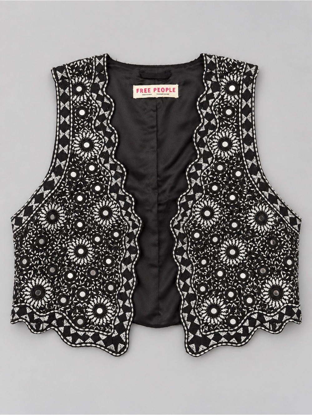 Free People Black & White Embroidered Mirrorwork Boho Vest